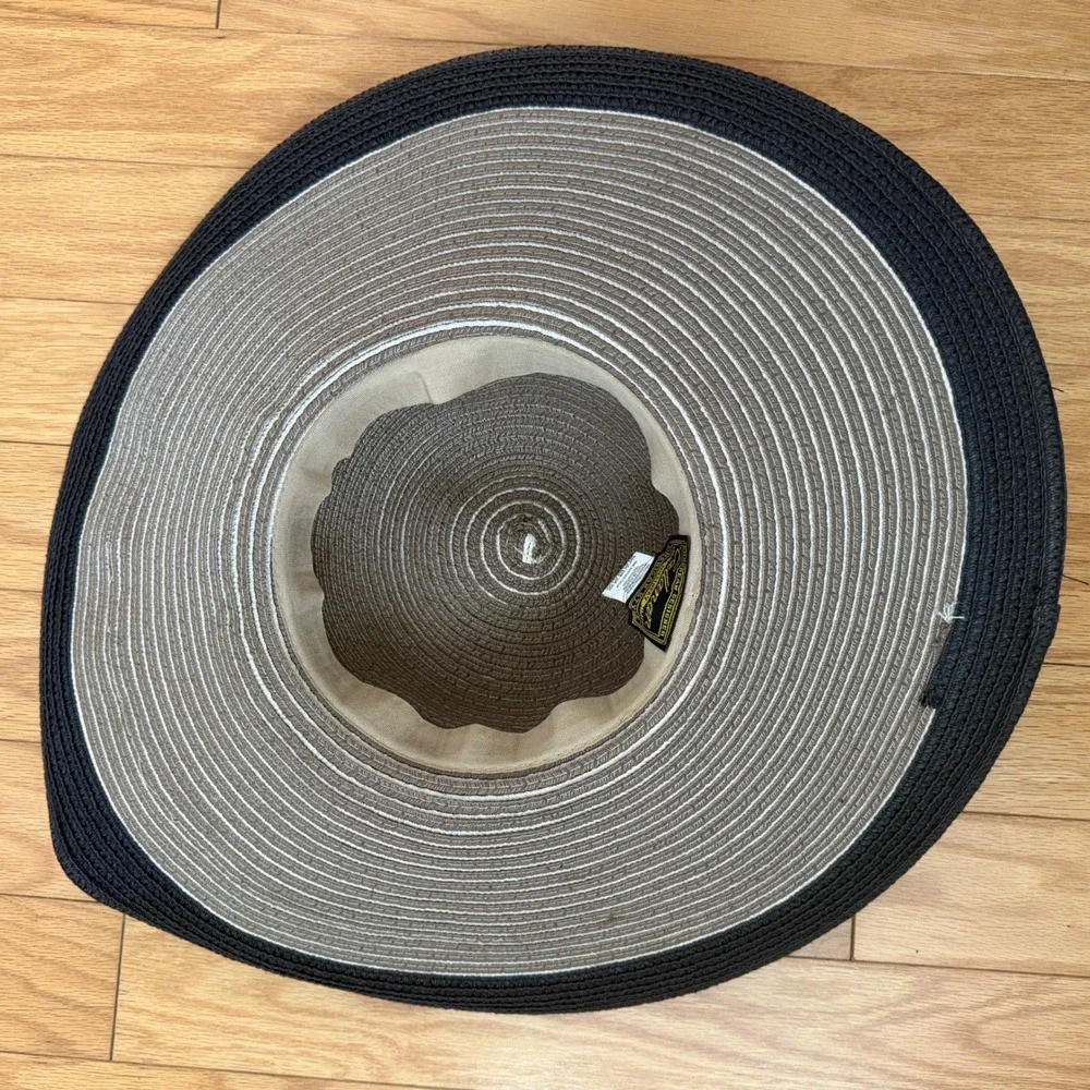 Callanan Designer OS Tan Black Sun Hat Floppy Straw Millinery Flower Beach